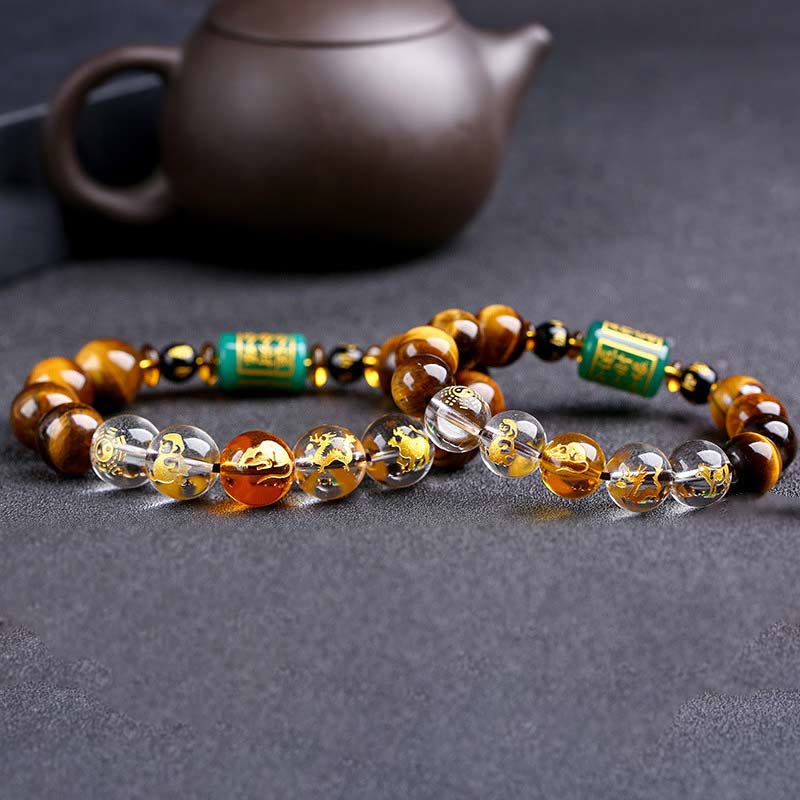 Pulsera de coraje de cristal blanco con ojo de tigre del zodíaco chino y piedras de Buda