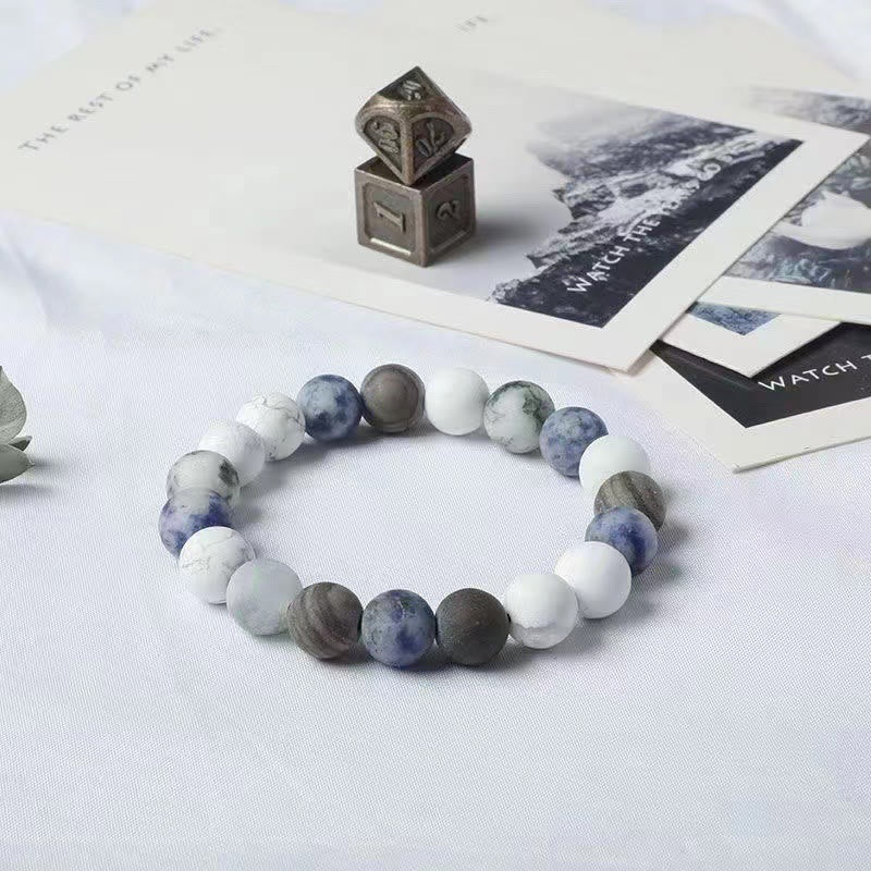 Pulsera de relajación con piedras de Buda, jaspe Picasso, turquesa blanca y jaspe con puntos azules