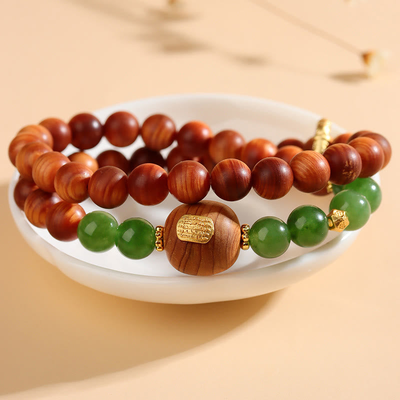 Pulsera de prosperidad de doble vuelta con calcedonia verde y Thuja Sutchuenensis de Buddha Stones