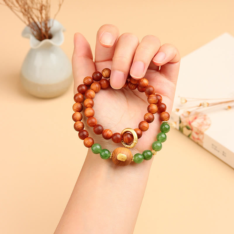 Pulsera de prosperidad de doble vuelta con calcedonia verde y Thuja Sutchuenensis de Buddha Stones