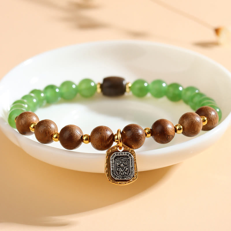 Armband mit Buddha-Steinen, Kalimantan-Adlerholz, grünem Chalcedon, Zakiram, Göttin des Reichtums, Stärke