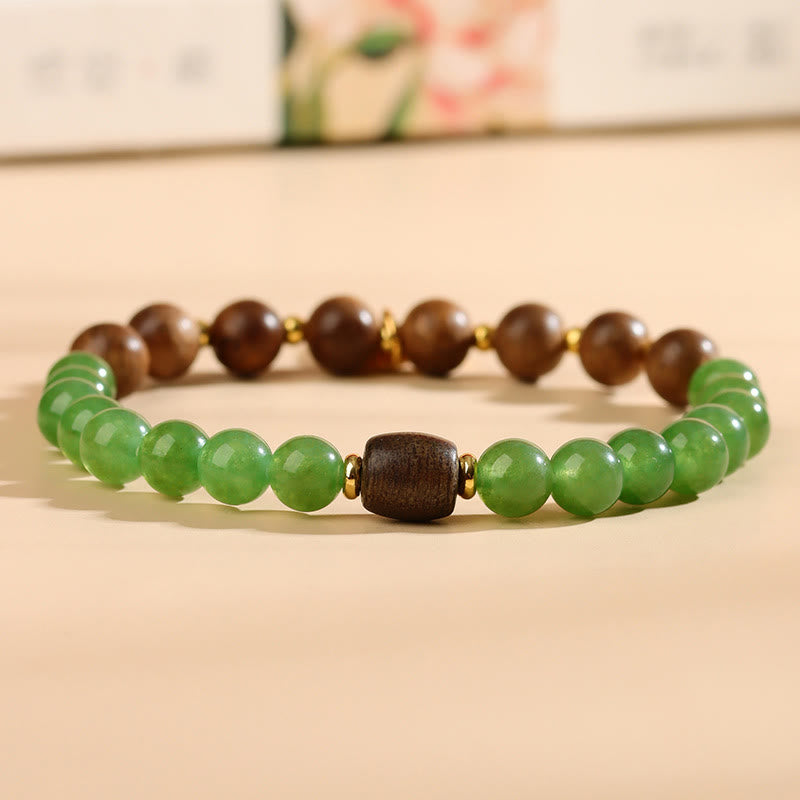 Armband mit Buddha-Steinen, Kalimantan-Adlerholz, grünem Chalcedon, Zakiram, Göttin des Reichtums, Stärke