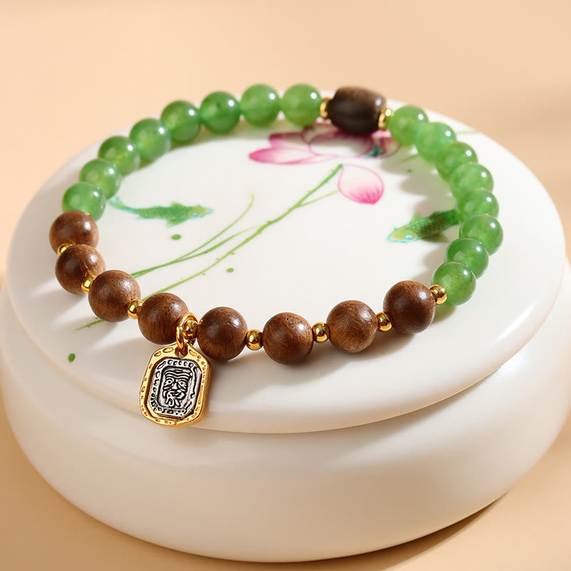 Armband mit Buddha-Steinen, Kalimantan-Adlerholz, grünem Chalcedon, Zakiram, Göttin des Reichtums, Stärke