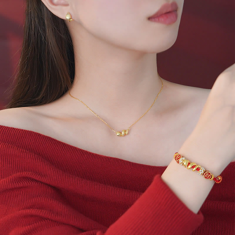 Pulsera y collar con colgante de Buda en plata de ley 925 con el Año de la Serpiente, la Serpiente Dorada, la Suerte y la Próspera.