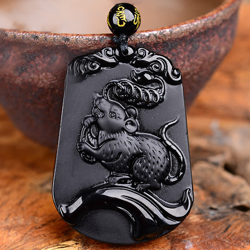 Collar con colgante de obsidiana y piedras de Buda del zodíaco chino para la purificación y el cumplimiento