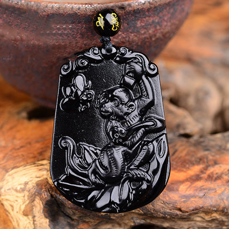 Collar con colgante de obsidiana y piedras de Buda del zodíaco chino para la purificación y el cumplimiento