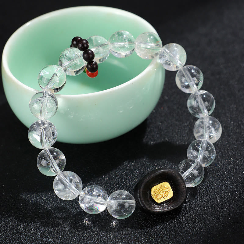 Pulsera curativa Sak Yant Zashi Lhamo con piedras de Buda, cristal blanco y madera de ébano