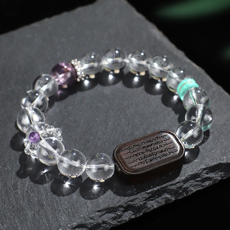 Pulsera curativa Sak Yant Zashi Lhamo con piedras de Buda, cristal blanco y madera de ébano