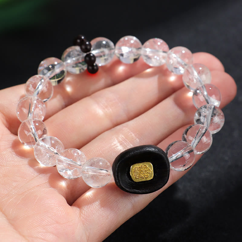 Pulsera curativa Sak Yant Zashi Lhamo con piedras de Buda, cristal blanco y madera de ébano