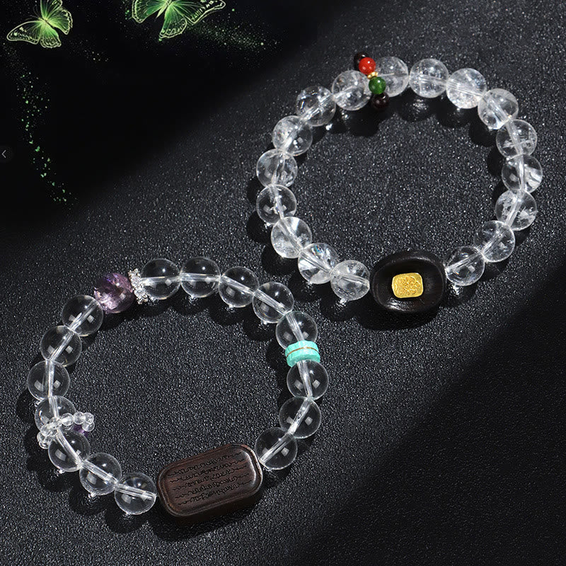 Pulsera curativa Sak Yant Zashi Lhamo con piedras de Buda, cristal blanco y madera de ébano