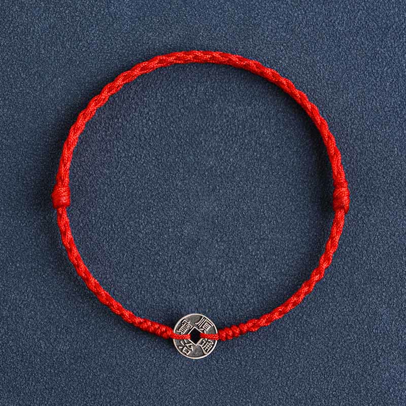 Pulsera trenzada de plata de ley 925 con cinco monedas del emperador y piedras de Buda, hilo rojo, protección y suerte.