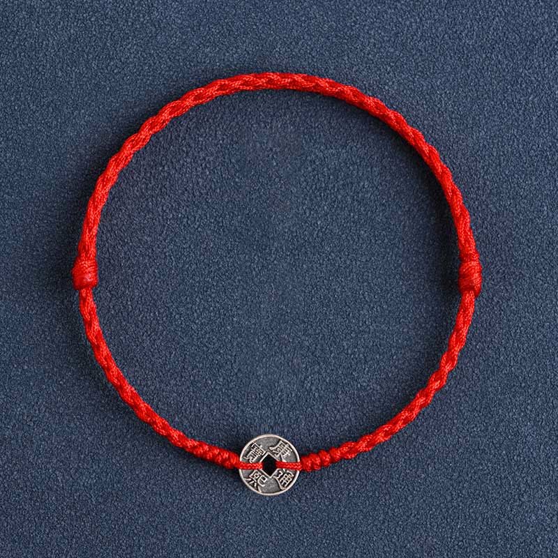 Pulsera trenzada de plata de ley 925 con cinco monedas del emperador y piedras de Buda, hilo rojo, protección y suerte.
