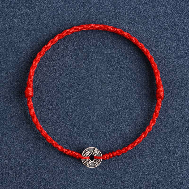 Pulsera trenzada de plata de ley 925 con cinco monedas del emperador y piedras de Buda, hilo rojo, protección y suerte.