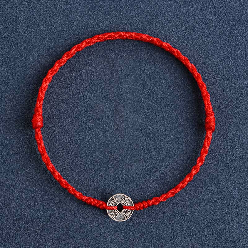 Pulsera trenzada de plata de ley 925 con cinco monedas del emperador y piedras de Buda, hilo rojo, protección y suerte.