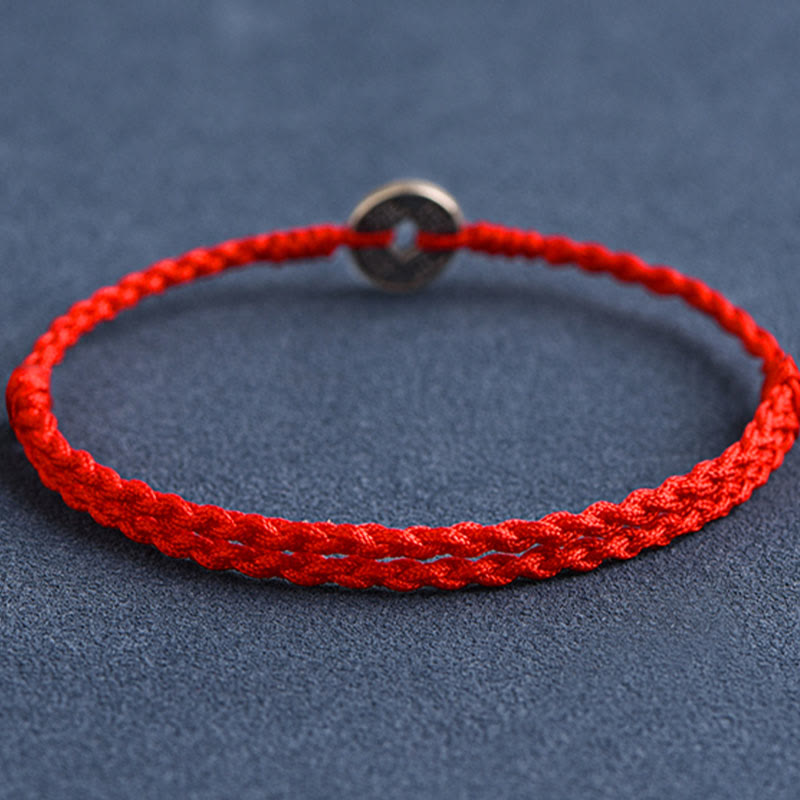 Pulsera trenzada de plata de ley 925 con cinco monedas del emperador y piedras de Buda, hilo rojo, protección y suerte.