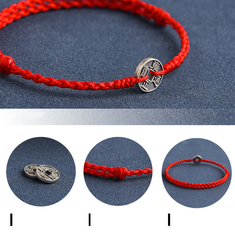 Pulsera trenzada de plata de ley 925 con cinco monedas del emperador y piedras de Buda, hilo rojo, protección y suerte.