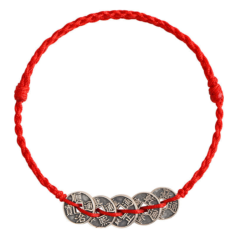 Pulsera trenzada de plata de ley 925 con cinco monedas del emperador y piedras de Buda, hilo rojo, protección y suerte.