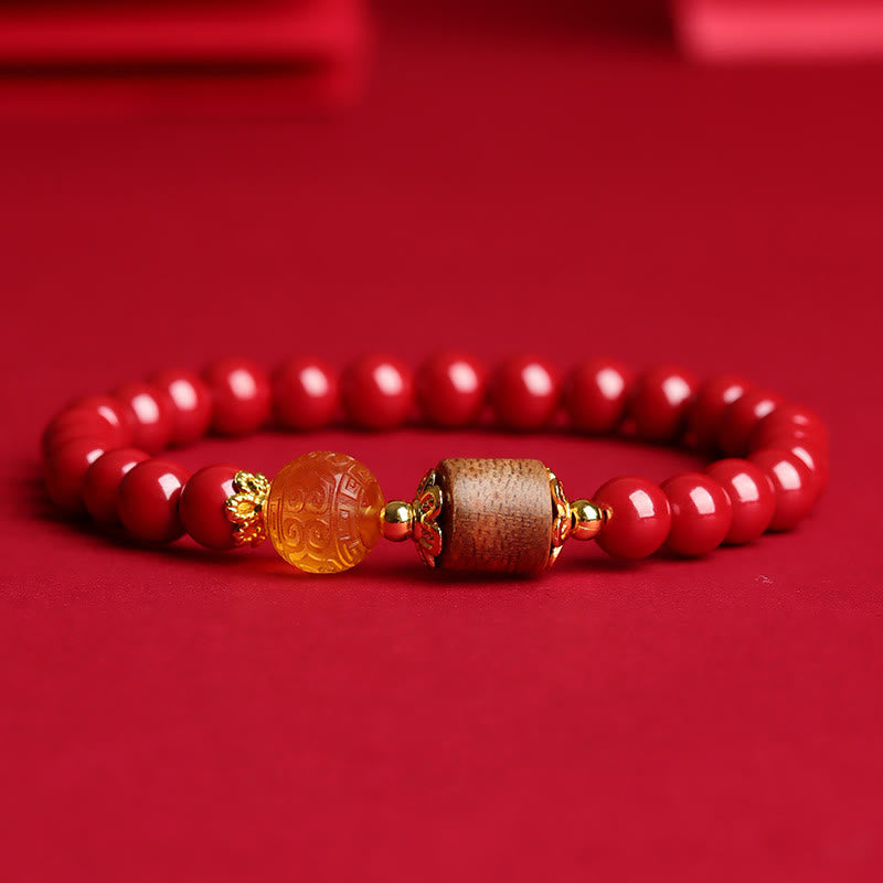 Pulsera de bendición de ámbar, cinabrio y madera de agar con piedras de Buda