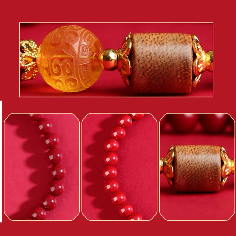 Pulsera de bendición de ámbar, cinabrio y madera de agar con piedras de Buda
