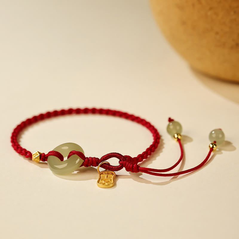 Buddha Stones Natürliche Hetian Jade Peace Schnalle Rote Schnur Glück Geflochtenes Armband