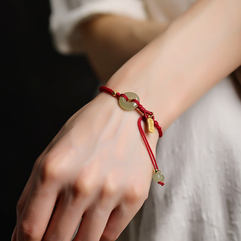 Buddha Stones Natürliche Hetian Jade Peace Schnalle Rote Schnur Glück Geflochtenes Armband