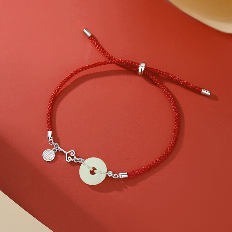 Pulsera de plata de ley 925 con piedras de Buda, jade hetiano natural, hebilla de paz, hilo rojo, protección del carácter Fu