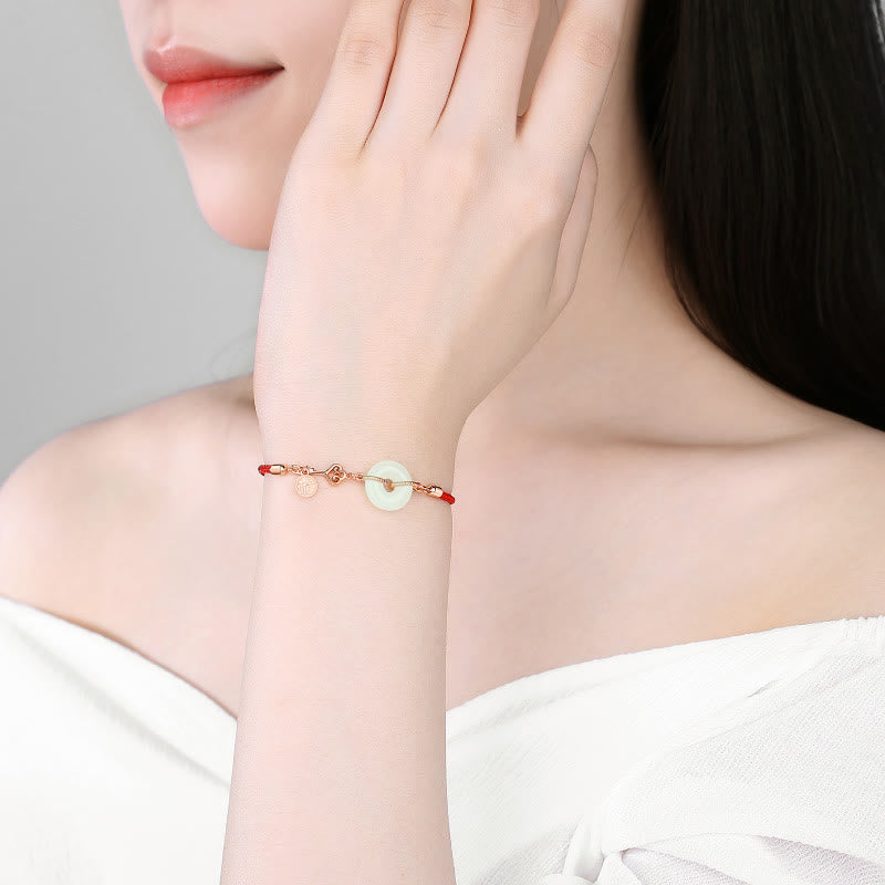 Pulsera de plata de ley 925 con piedras de Buda, jade hetiano natural, hebilla de paz, hilo rojo, protección del carácter Fu