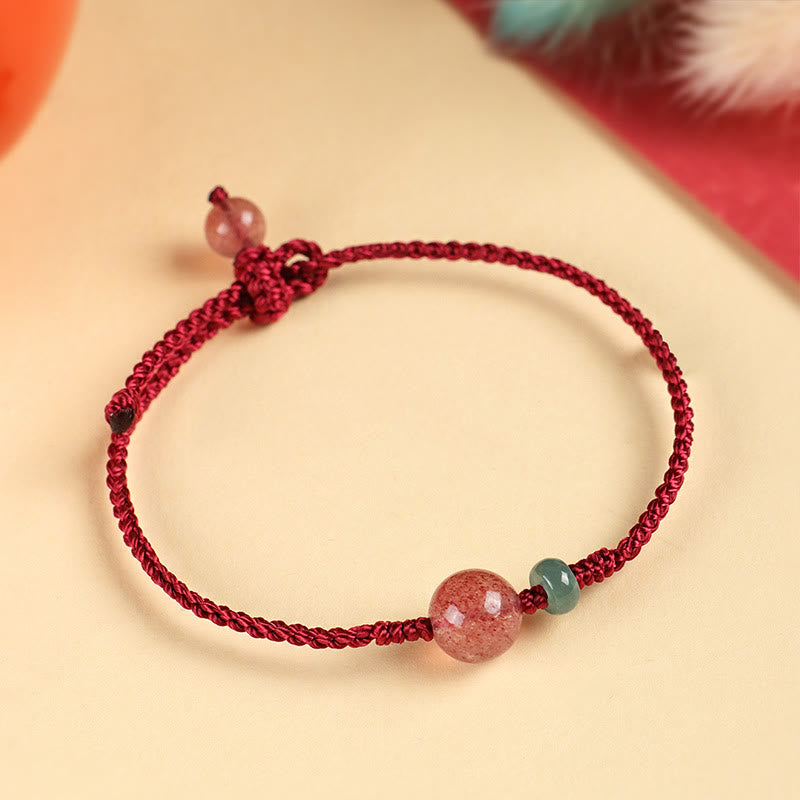 Buddha Stones Natürliches Erdbeerquarz Jade Weißer Achat Rote Schnur Positives Armband