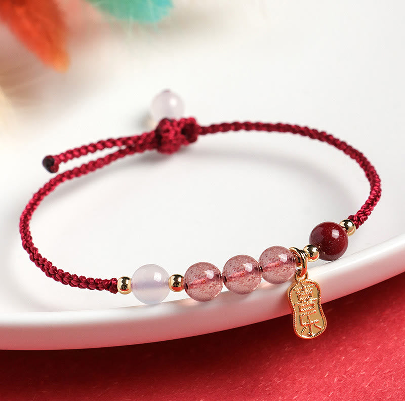 Buddha Stones Natürliches Erdbeerquarz Jade Weißer Achat Rote Schnur Positives Armband