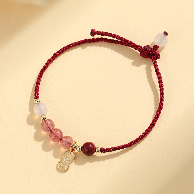 Buddha Stones Natürliches Erdbeerquarz Jade Weißer Achat Rote Schnur Positives Armband