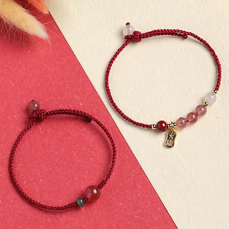 Buddha Stones Natürliches Erdbeerquarz Jade Weißer Achat Rote Schnur Positives Armband