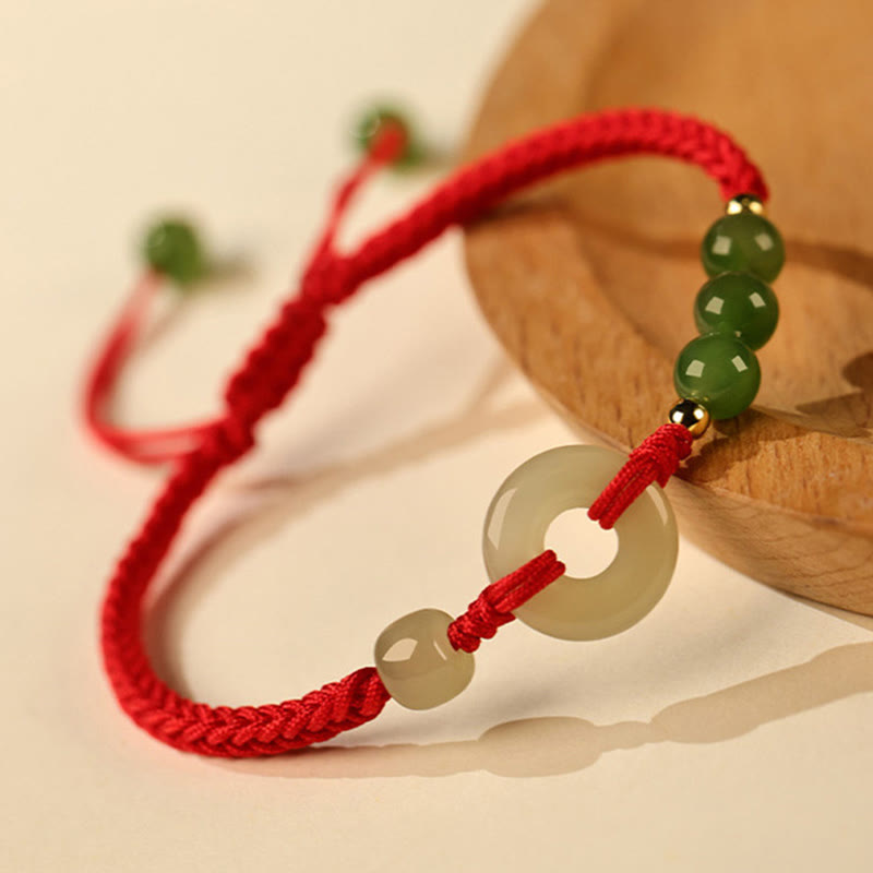 Buddha Stones Natürliche Hetian Jade Friedensschnalle Rote Schnur Schutz Glück Armband