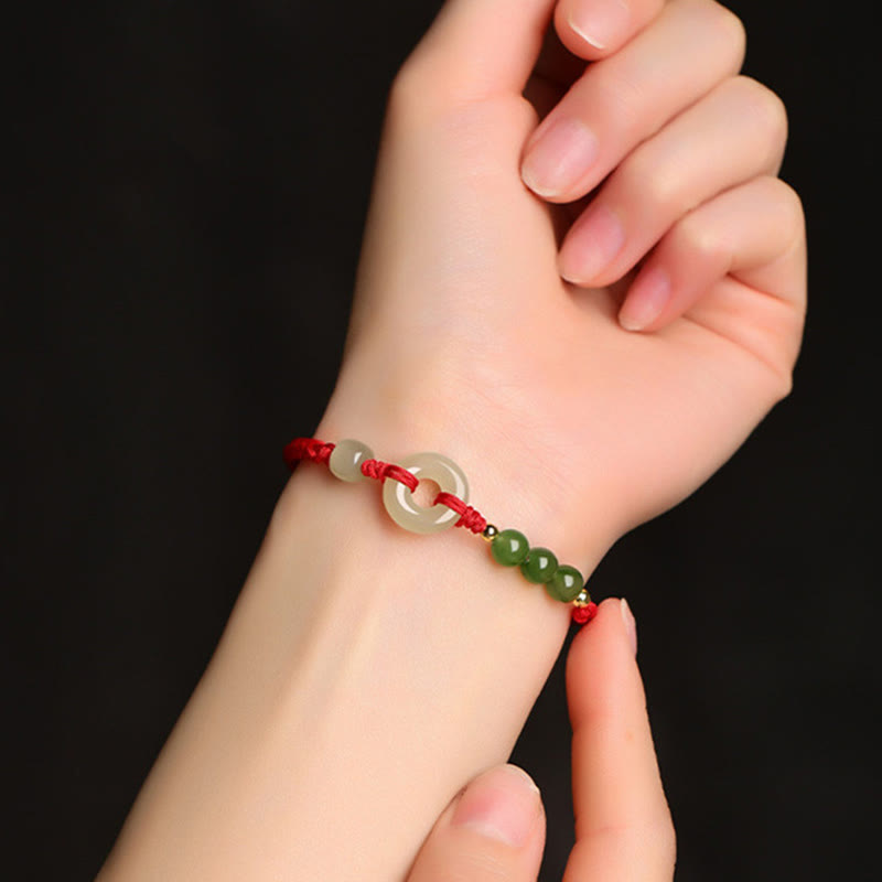 Buddha Stones Natürliche Hetian Jade Friedensschnalle Rote Schnur Schutz Glück Armband