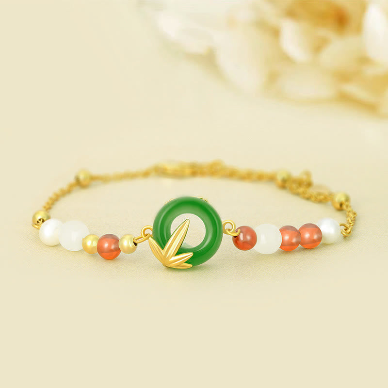 Pulsera de plata de ley 925 con piedras de Buda, calcedonia verde, hebilla de paz y bambú.