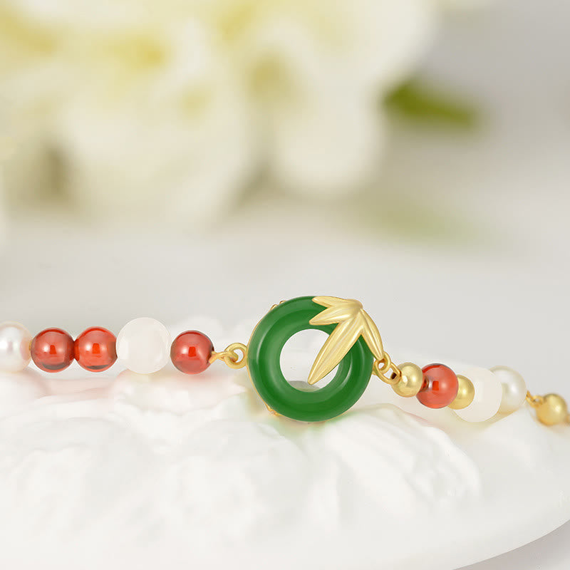 Pulsera de plata de ley 925 con piedras de Buda, calcedonia verde, hebilla de paz y bambú.