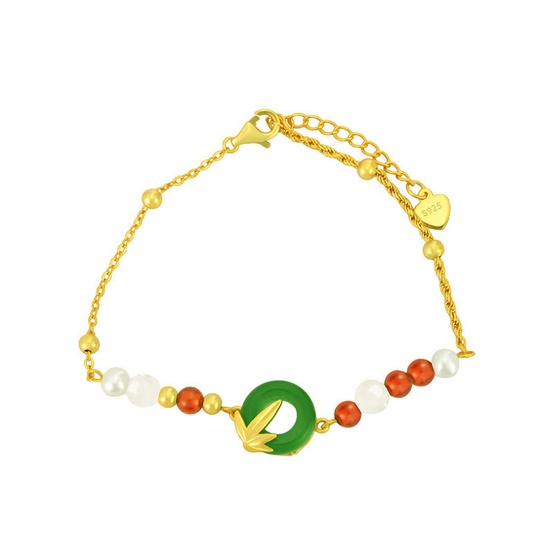 Pulsera de plata de ley 925 con piedras de Buda, calcedonia verde, hebilla de paz y bambú.