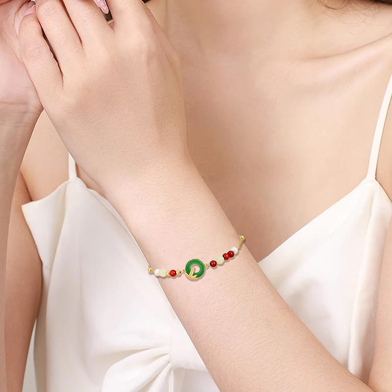 Pulsera de plata de ley 925 con piedras de Buda, calcedonia verde, hebilla de paz y bambú.
