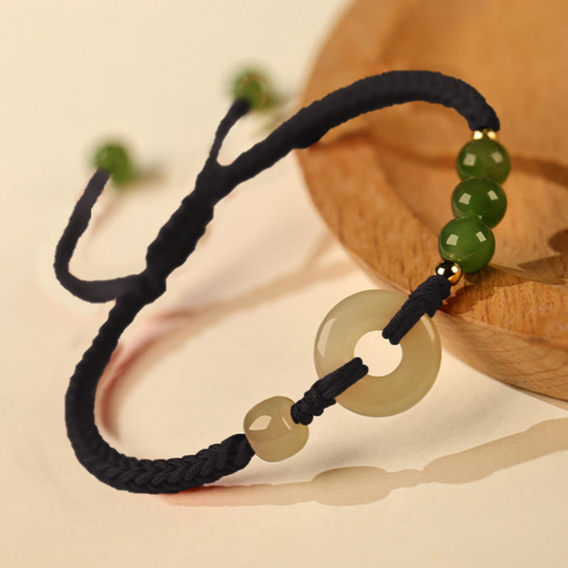 Buddha Stones Natürliche Hetian Jade Friedensschnalle Rote Schnur Schutz Glück Armband