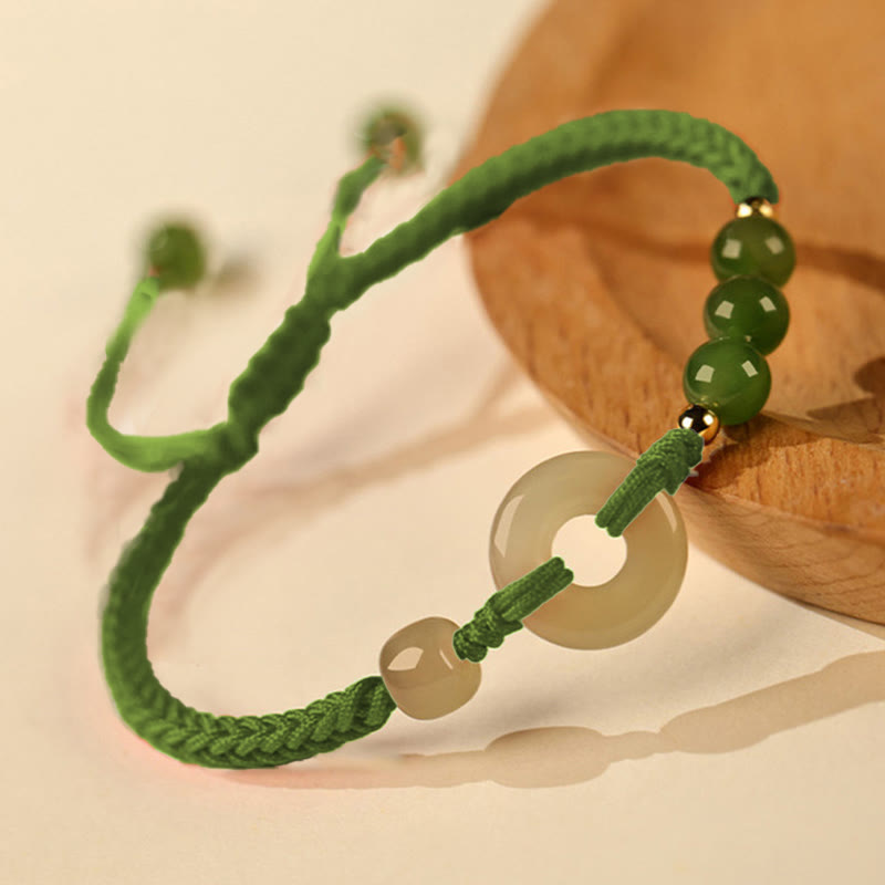 Buddha Stones Natürliche Hetian Jade Friedensschnalle Rote Schnur Schutz Glück Armband