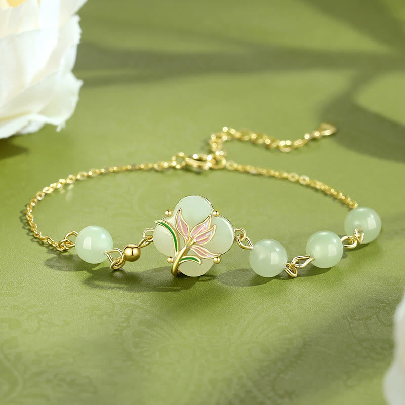 Pulsera de plata de ley 925 con piedras de Buda, cuentas de jade hetiano y magnolia, con bendición de trébol de cuatro hojas