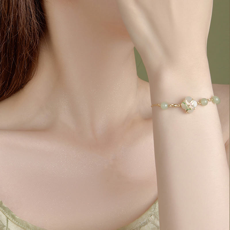 Pulsera de plata de ley 925 con piedras de Buda, cuentas de jade hetiano y magnolia, con bendición de trébol de cuatro hojas