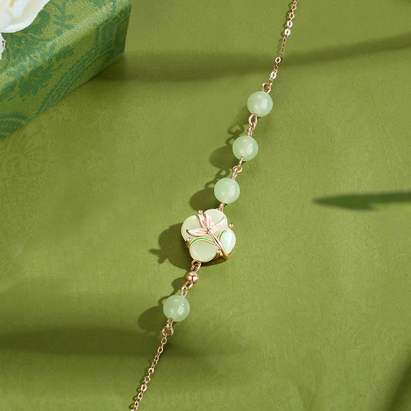 Pulsera de plata de ley 925 con piedras de Buda, cuentas de jade hetiano y magnolia, con bendición de trébol de cuatro hojas