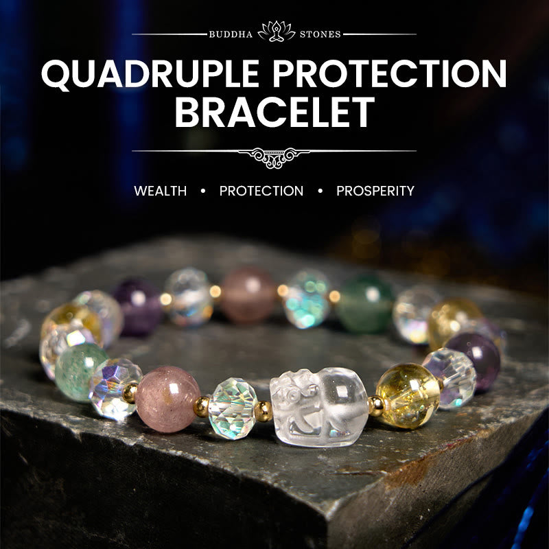 Pulsera de la suerte con piedras de Buda PiXiu, cristal blanco, citrino, cuarzo fresa verde y amatista