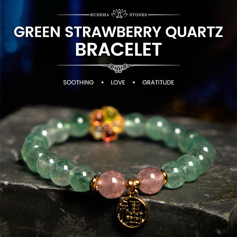 Buddha Stones Natürliches grünes Erdbeerquarz-beruhigendes Fu-Charakter-Armband