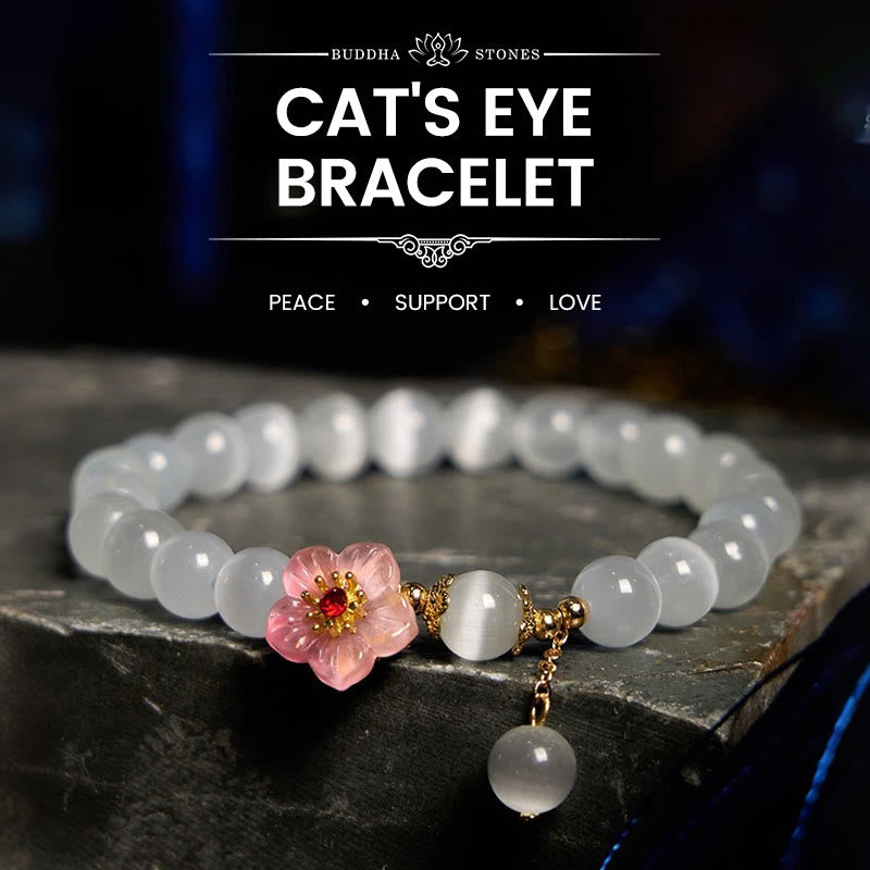 Pulsera de soporte con piedras de Buda, crisoberilo, ojo de gato y flores rosas