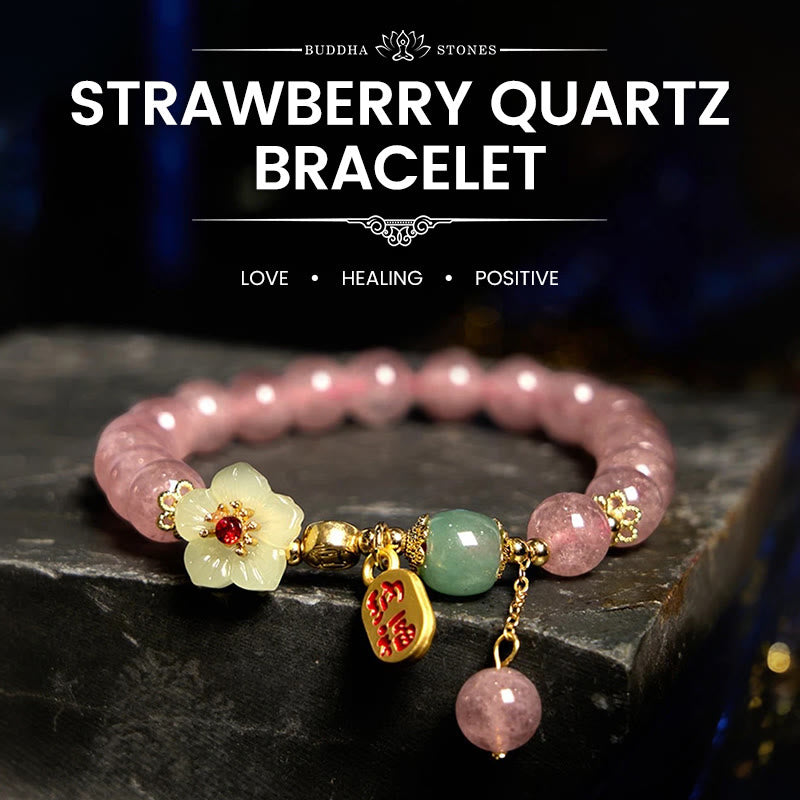 Buddha Stones Natürliche Erdbeerquarzblüte Fu Charakter Positivität Heilung Armband
