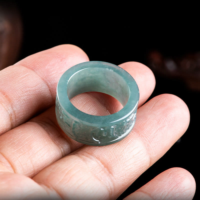 Buddha Stones Natürlicher Jade Om Mani Padme Hum Geschnitzter Wohlstandsring