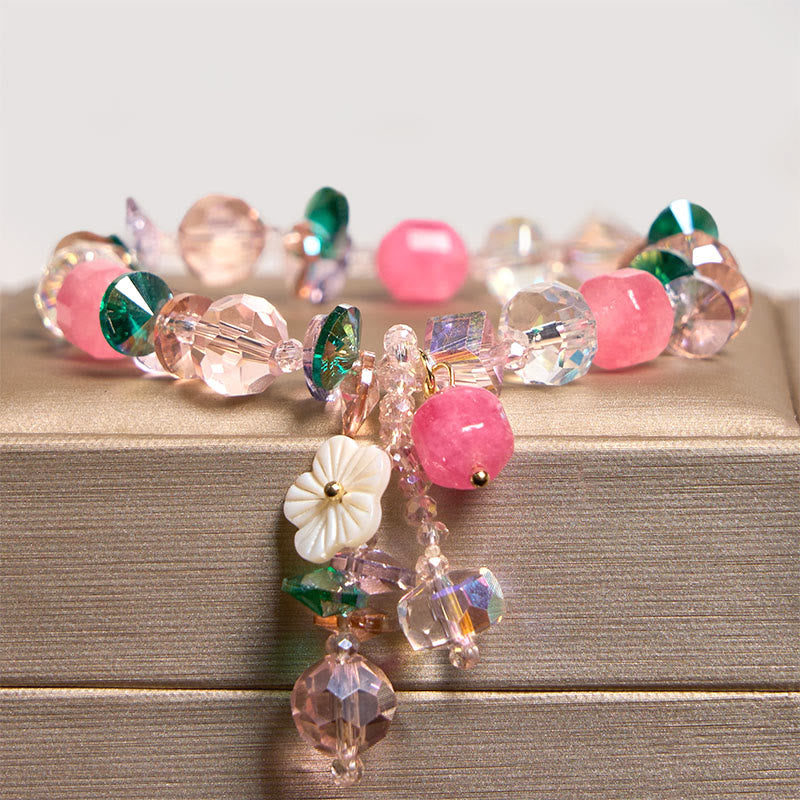 Pulsera de flores de cristal blanco con piedras de Buda, cristal rosa y verde