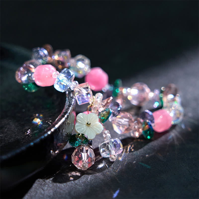 Pulsera de flores de cristal blanco con piedras de Buda, cristal rosa y verde