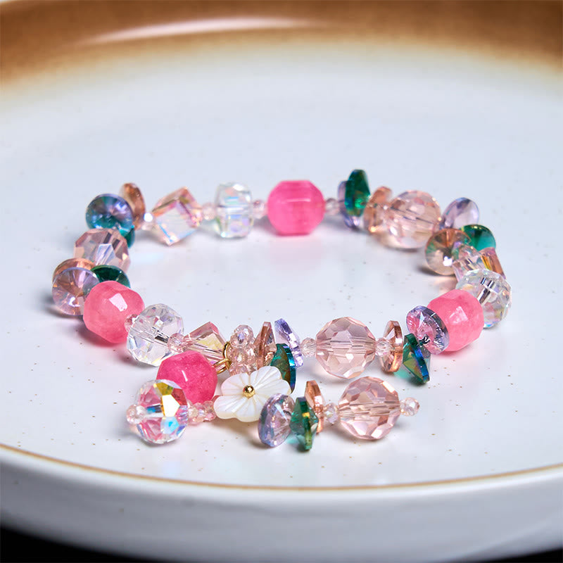 Pulsera de flores de cristal blanco con piedras de Buda, cristal rosa y verde